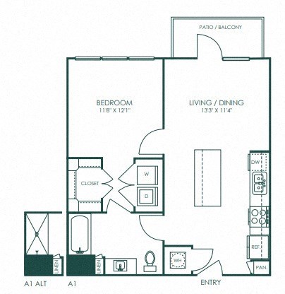 Floor plan for 1 bed, 1 bath, 664 sqft